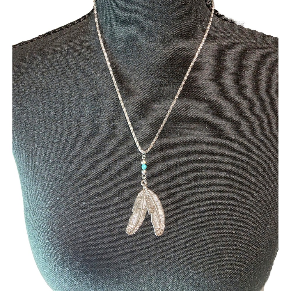 Southwestern Double Feather Pendant Necklace Silver Tone Turquoise Bead Boho